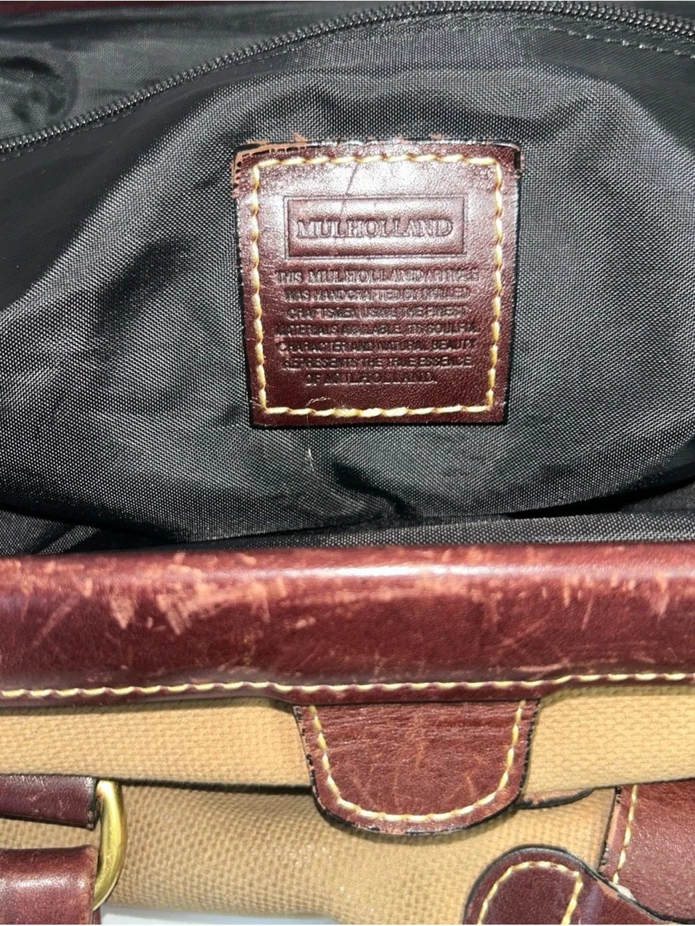 Mulholland Large Canvas Leather Duffle Weekender Bag Khaki Tan Vintage Lock READ